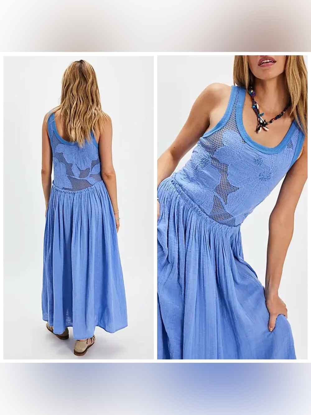 Free People Floral Pearl Maxi Dress Sundress Gauze Cotton Large Blue